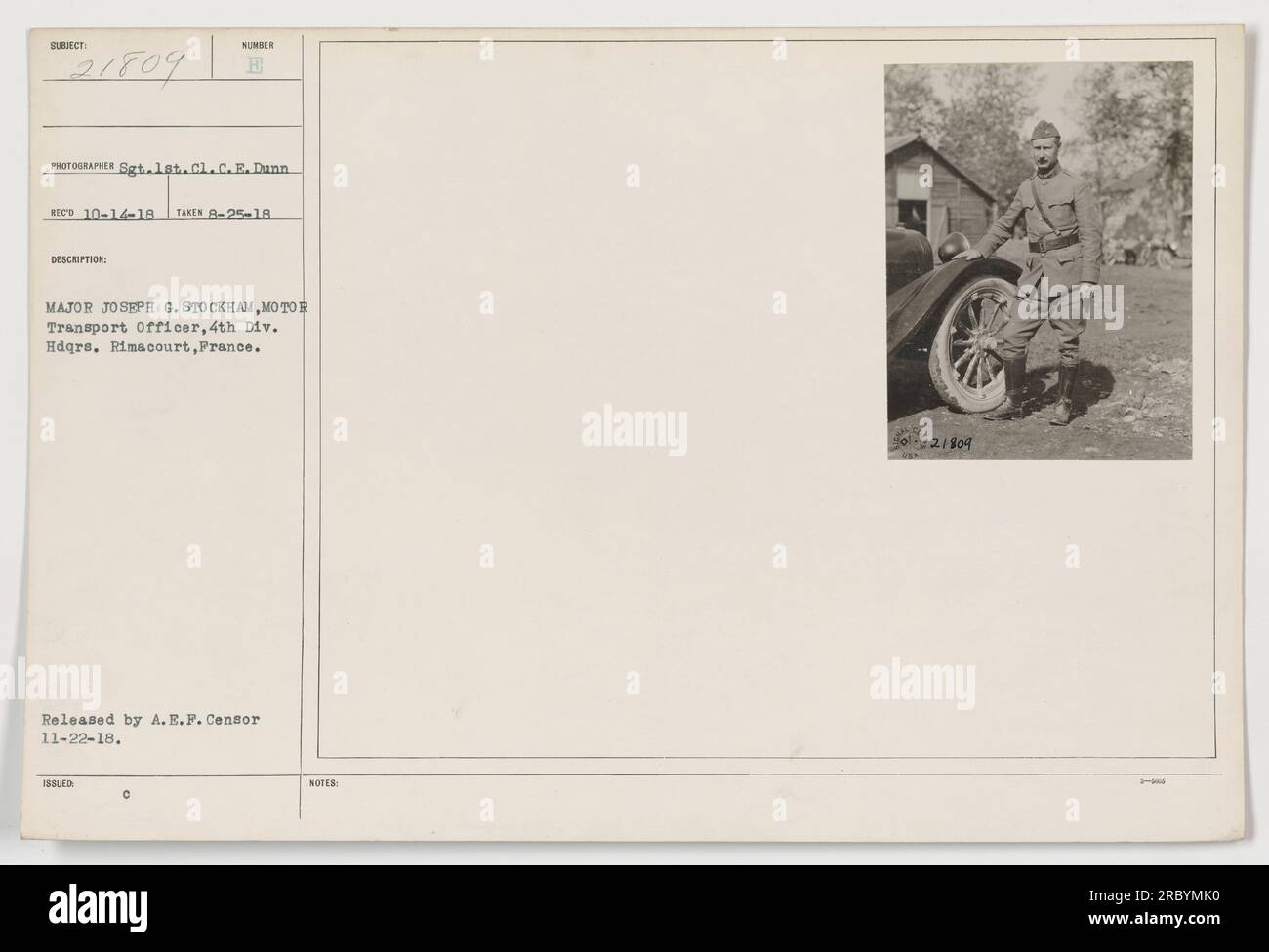 Major Joseph G. Stockham, Motor Transport Officer des Hauptsitzes der 4. Division in Rimacourt, Frankreich. Dieses Foto wurde am 25. August 1918 von Sergeant 1. Klasse C.E. aufgenommen Dunn und von A.E.F. freigelassen Zensor am 22. November 1918. Es ist mit der Patientennummer 21809 beschriftet. Stockfoto