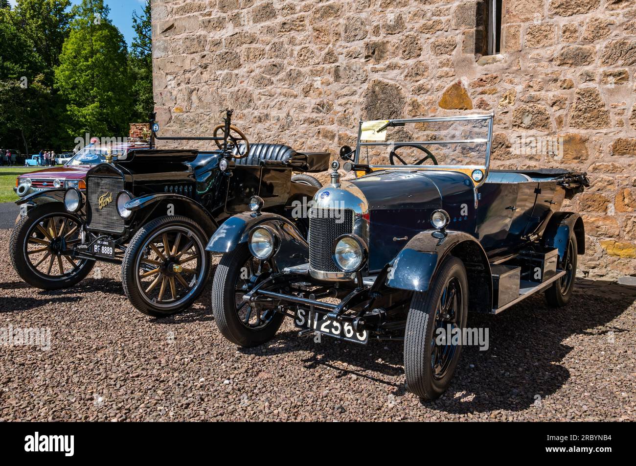 Oldtimer Model T Ford und Morris Bullnose 1920er, Wheels of Yesteryear Outing, Lennoxlove Estate, East Lothian, Schottland, Großbritannien Stockfoto