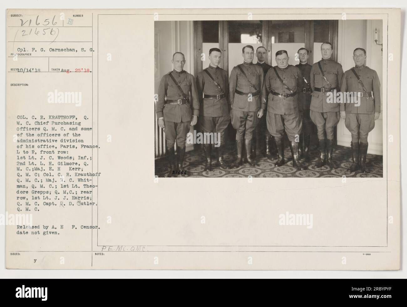 Colonel C. R. Krauthoff, Chief Purchasing Officer des Quartermaster Corps, wird mit Beamten der Verwaltungsabteilung seines Büros in Paris, Frankreich, abgebildet. Vordere Reihe, L bis R: 1. LT. J. C. Woods; 2. LT. L. H. Gilmore; Maj. E. H. Kerr; Oberst C. R. Krauthoff; Maj. H. C. Whitman; 1. LT. Theodore Grepps; hintere Reihe, LT. J. J. Harris; Capt. R. D. Cutler. Foto veröffentlicht von A.E.F. Zensor. Datum nicht angegeben. Herausgegeben von PE.ML.QMC. Hinweise nicht angegeben. Stockfoto