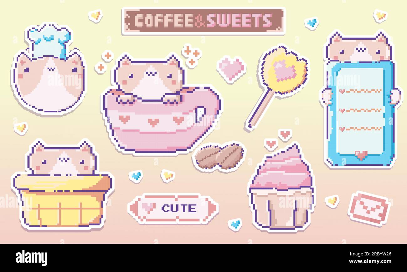 Ein Satz süßer Vektoraufkleber im Pixel Art-Stil Stock Vektor