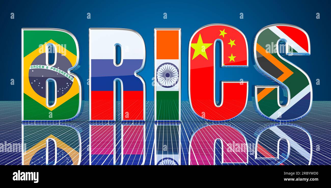 BRICS-Gipfelkonzept, 3D-Rendering isoliert auf blauem Hintergrund Stockfoto
