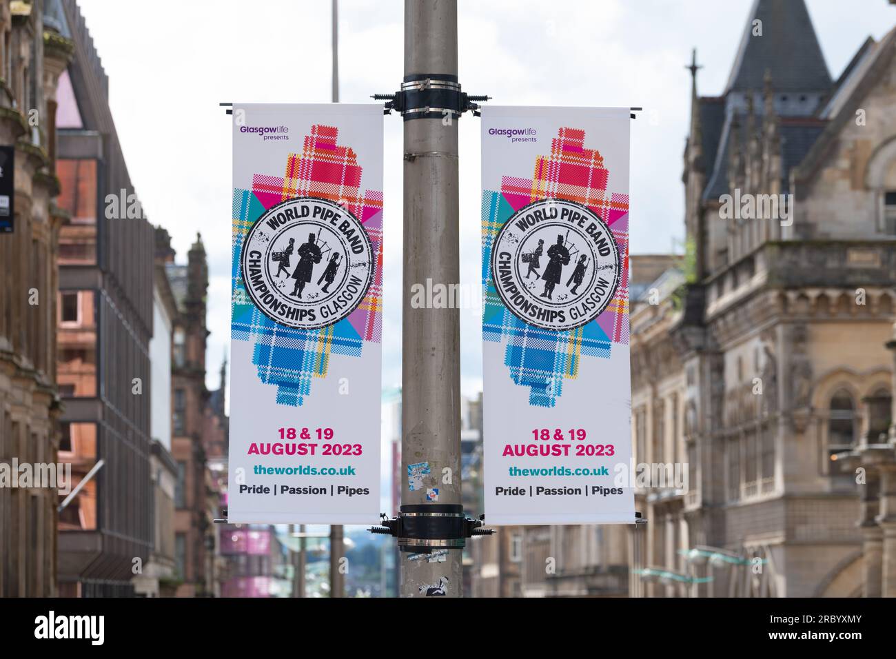 Banner für die World Pipe Band Championships Glasgow 18. Und 19. August 2023 in Glasgow, Schottland, Großbritannien Stockfoto