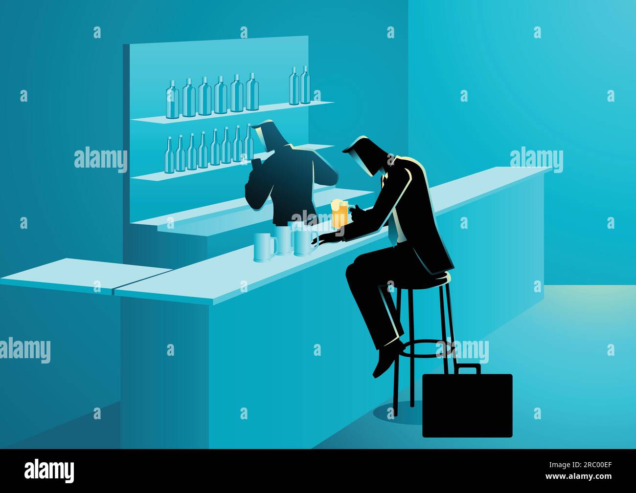Geschäftskonzept Illustration eines Geschäftsmannes mit Getränken in einem Bar Stock Vektor