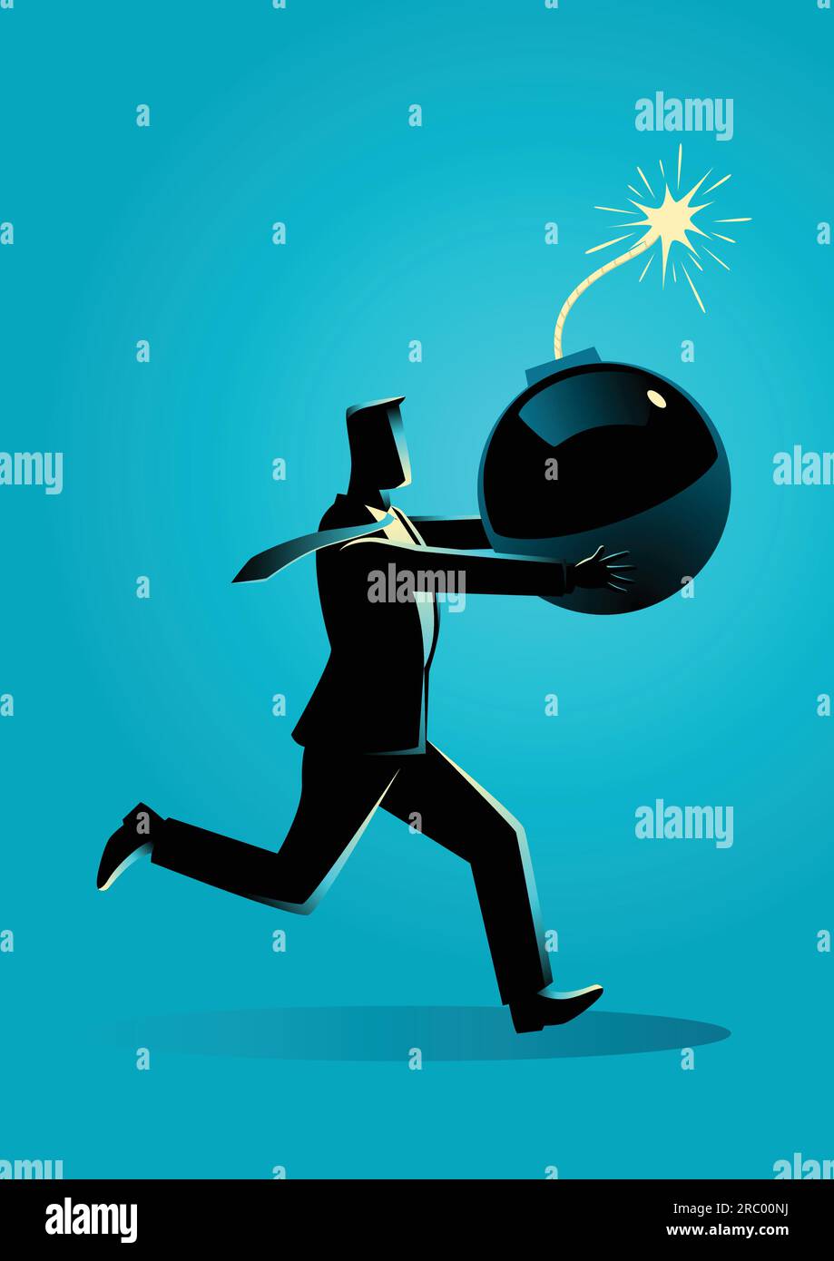 Business Concept Vektor Illustration eines Geschäftsmannes laufen Panik mit Bombe in seiner Hand, die bereit zu explodieren Stock Vektor