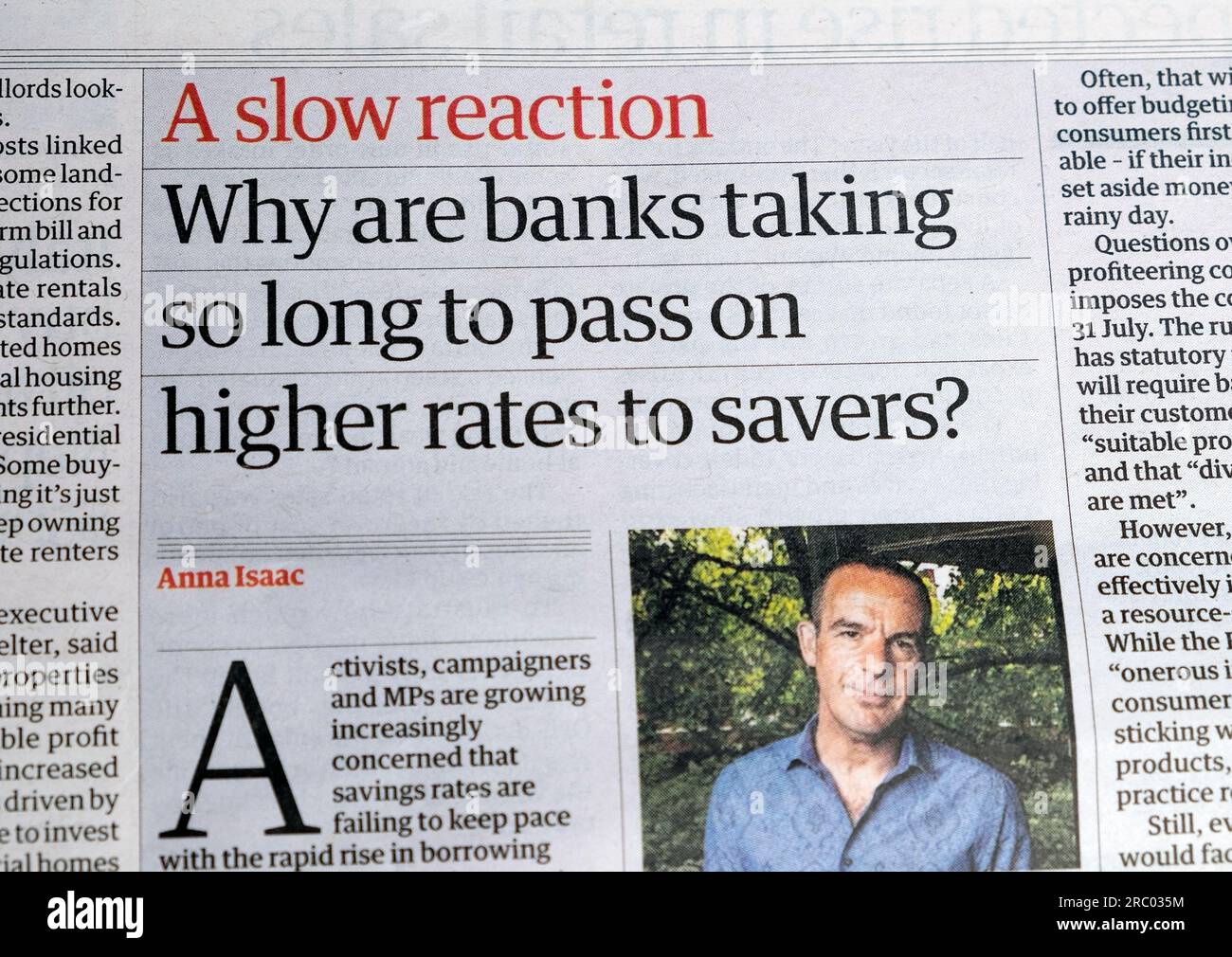 „Warum brauchen Banken so lange, um höhere Zinsen an die Sparer weiterzugeben?“ Guardian-Zeitung Headline Bank Martin Lewis Artikel 24 Juni 2023 London UK Stockfoto