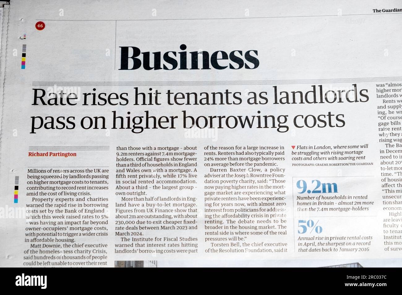"Zinserhöhungen treffen Mieter, da Vermieter höhere Kreditkosten weitergeben", Zeitung Guardian Business, Headline Cost of living crisis 25. Juni 2023 London UK Stockfoto
