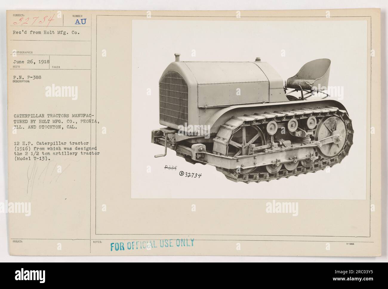 Bildunterschrift: 1916 12 H.P. Caterpillar-Traktor, hergestellt von holt Mfg Co., Peoria, IL, und Stockton, CA, dienten als Grundlage für die Konstruktion des 2 1/2 Tonnen schweren Artillerietraktors (Modell T-13), der im Ersten Weltkrieg verwendet wurde Dieses Foto ist nur zur offiziellen Verwendung bestimmt. Stockfoto