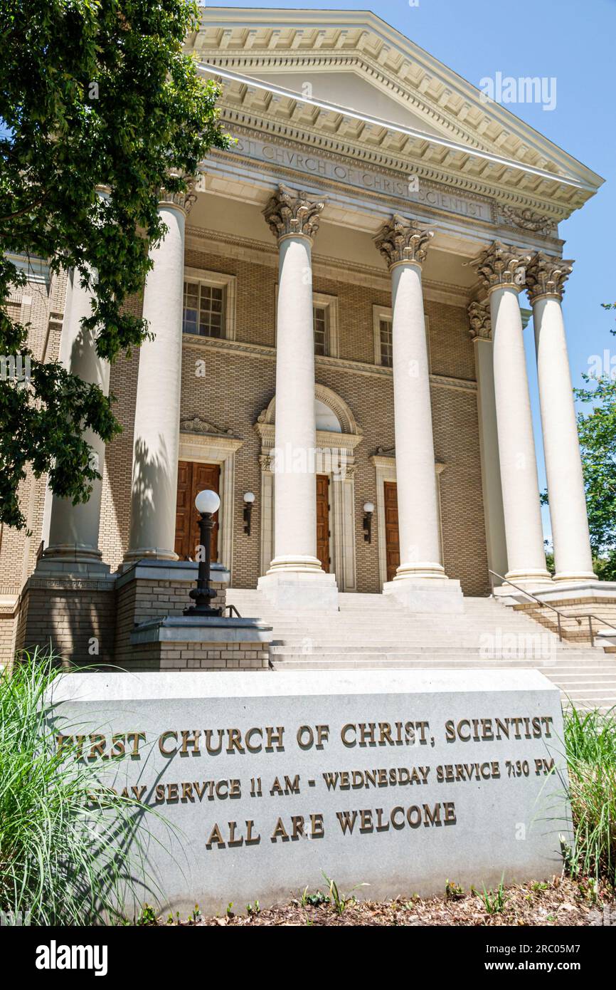 Atlanta Georgia, First Church of Christ Scientist, Außenfassade, Gebäude, Vordereingang, Säulen Stockfoto