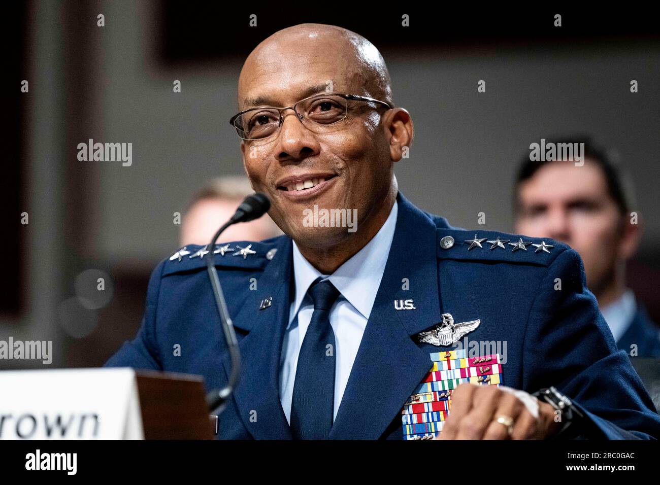 11. Juli 2023, Washington, District of Columbia, USA: General CHARLES Q. BROWN, USAF, nominiert zum Vorsitzenden der Stabschefs bei einer Anhörung des Senat Armed Services Committee im US-Kapitol. (Kreditbild: © Michael Brochstein/ZUMA Press Wire) NUR REDAKTIONELLE VERWENDUNG! Nicht für den kommerziellen GEBRAUCH! Stockfoto