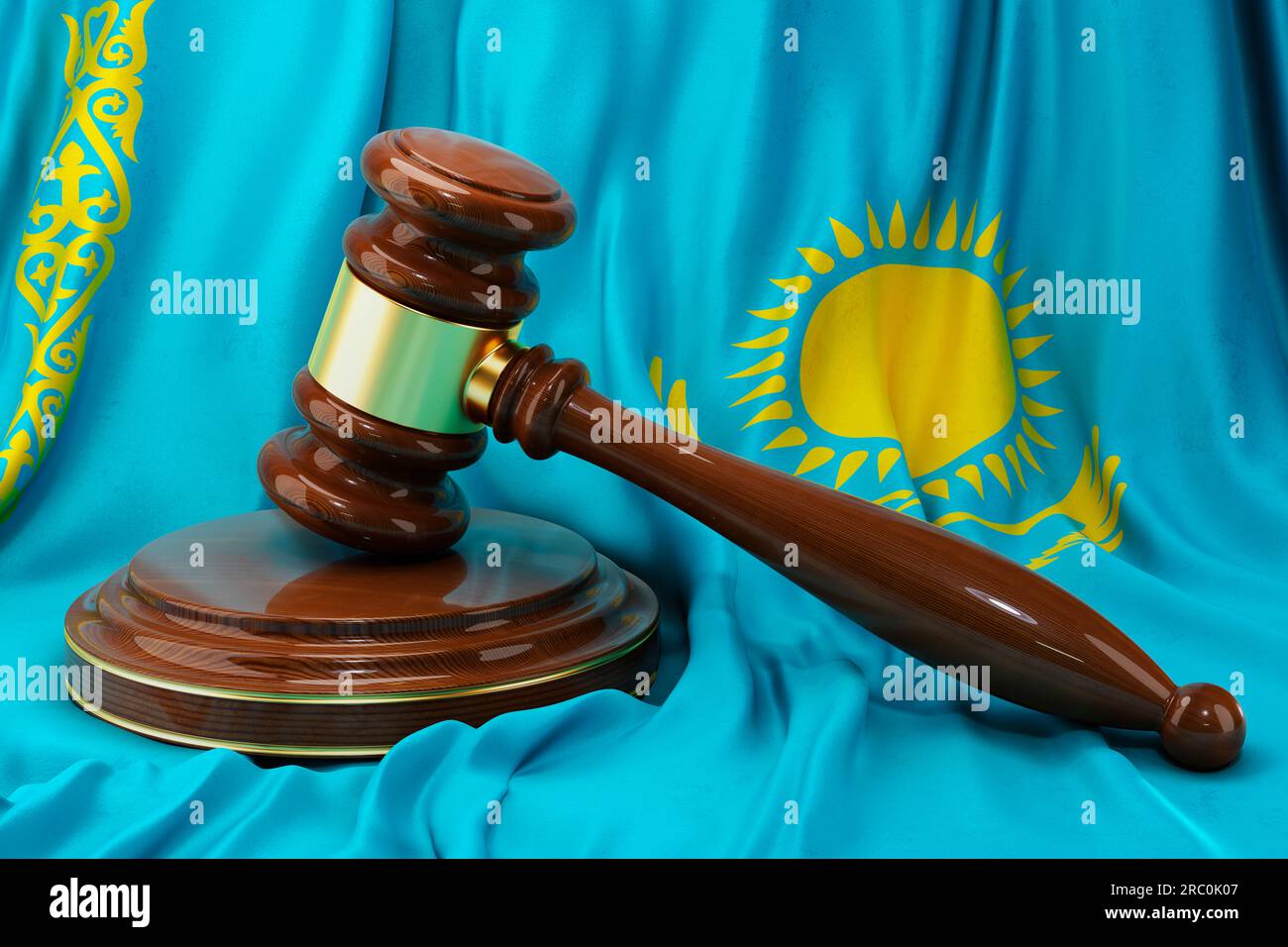 Kasachisches Recht und Justizkonzept. Holzhammer auf kasachischer Flagge, 3D-Rendering Stockfoto