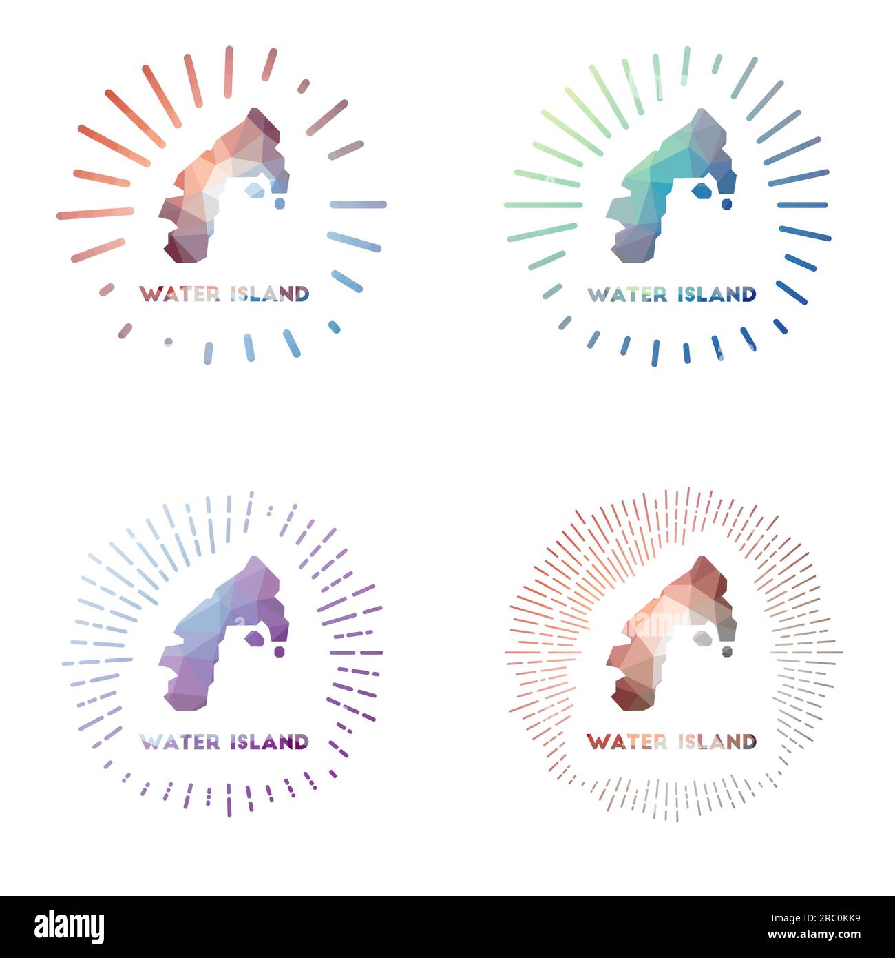 Water Island Low Poly Sunburst ist eingestellt. Logo der Insel im geometrischen Polygonstil. Vektordarstellung. Stock Vektor Water Island Low Poly Sunburst ist eingestellt. Logo der Insel im geometrischen Polygonstil. Vektordarstellung. Stock Vektor