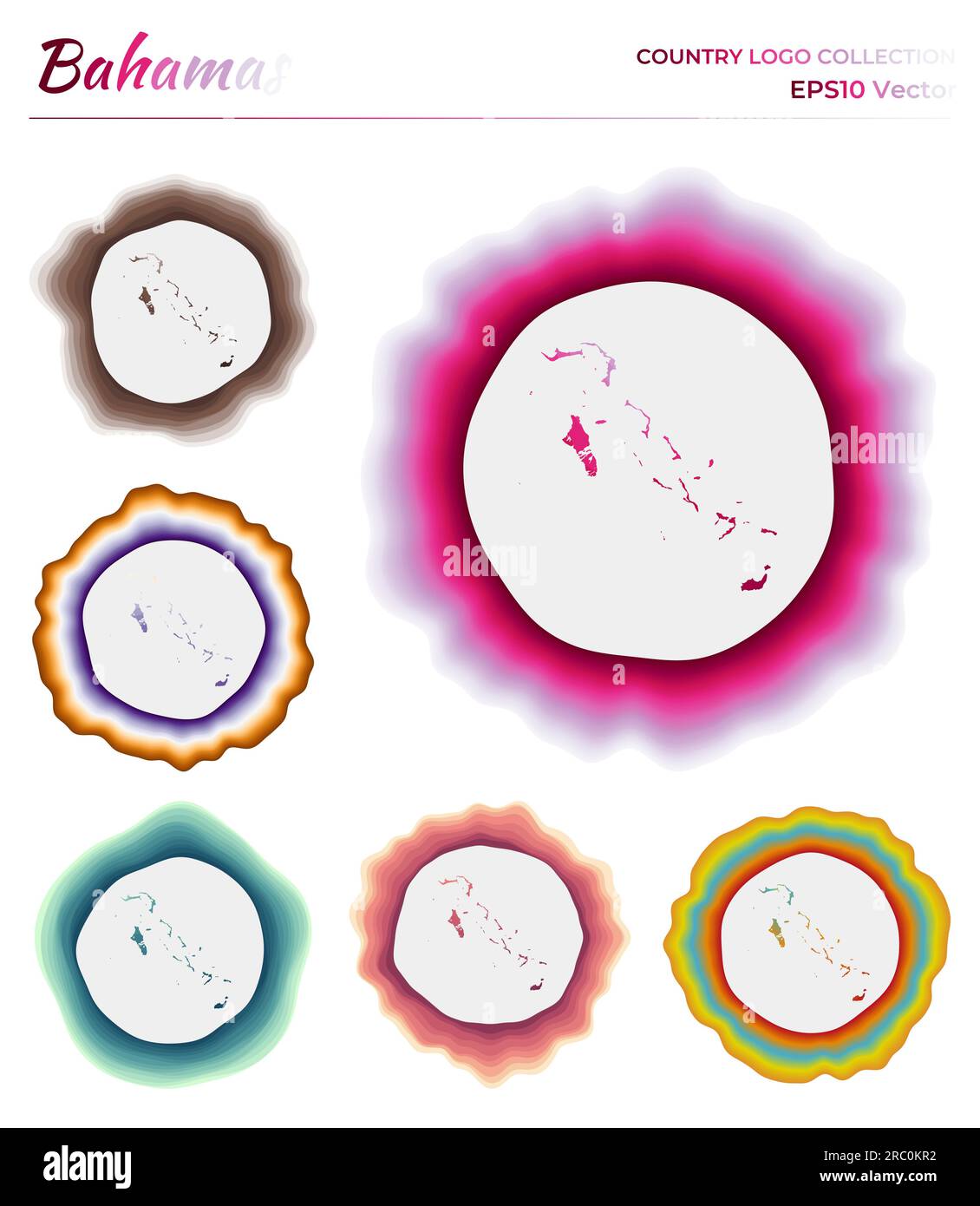 Bahamas Logo-Kollektion. Farbenfrohes Abzeichen des Landes. Schichten um die Randform der Bahamas. Vektordarstellung. Stock Vektor