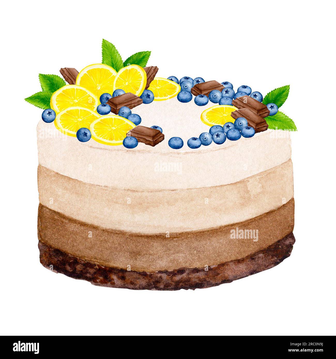 Kuchen mit Zitronen, Schokolade, Blaubeeren und Minze. Aquarell-Weihnachtslipart für das Design von Postkarten, Grußkarten, Einladungen, Speisekarten, l Stockfoto