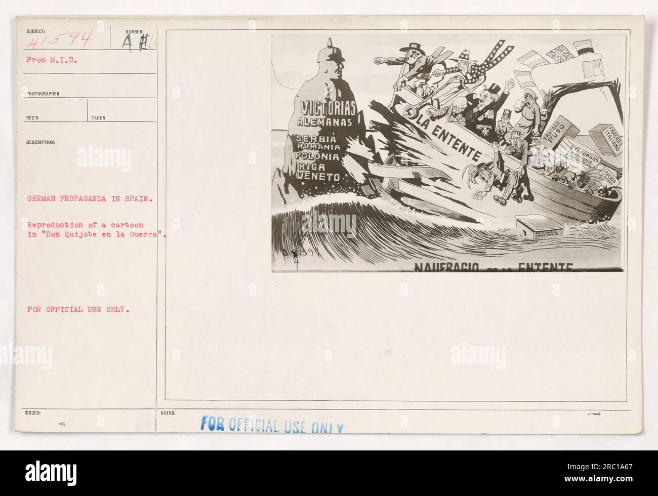 111-SC-41594 ist ein Foto eines Cartoons, der in Don Quijote en la Guerra reproduziert wurde und deutsche Propaganda in Spanien darstellt. Der Cartoon verspottet die Siege, die Deutschland in Serbien, Rumänien, Polen, Riga, Venetien, Und dankt Italien und den Entente-Mächten für ihre Enttäuschung. Dieses Bild ist nicht kreativ und nur für den offiziellen Gebrauch vorgesehen. Stockfoto