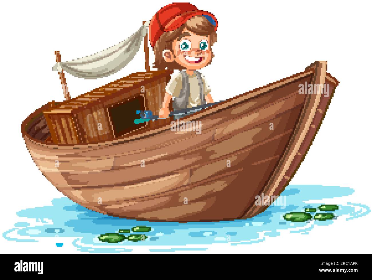 Abbildung: Kind auf Holzboot im Cartoon-Stil Stock Vektor