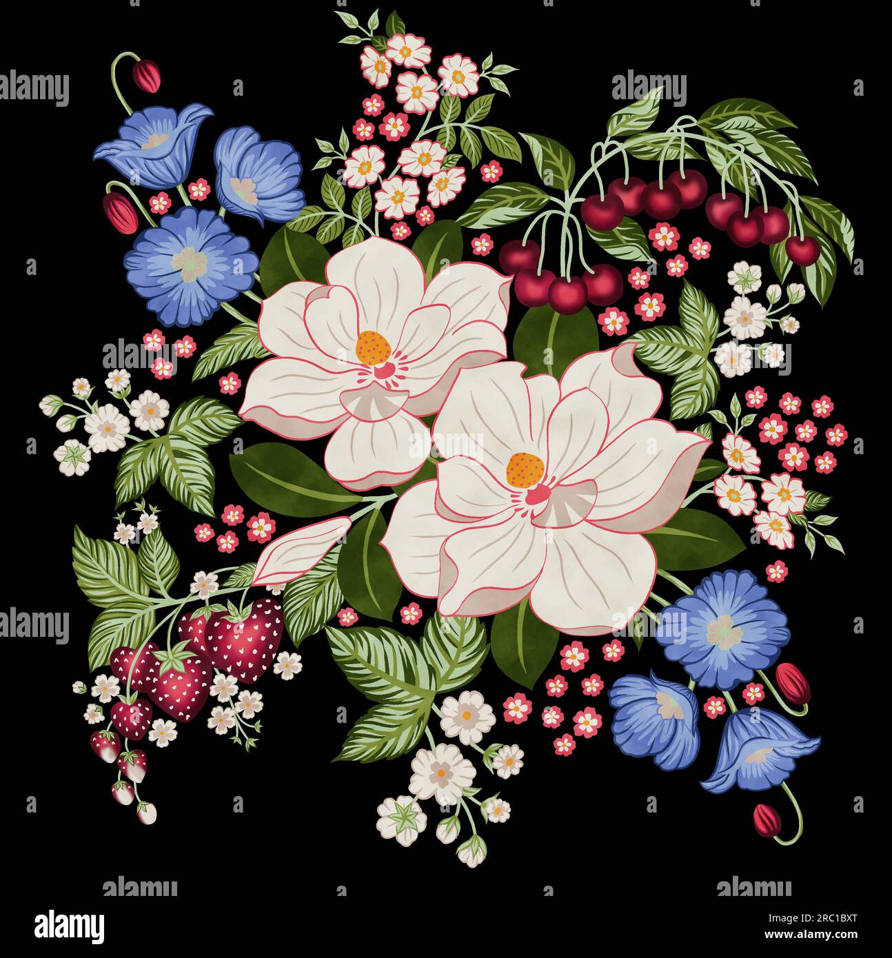 Ein wunderschönes abstraktes Blumendesign mit bunten, trendigen Blumen und Blättern. Fantasy-Blumen, natürliche Tapete, Blumendekoration Locken-Illustration. Stockfoto