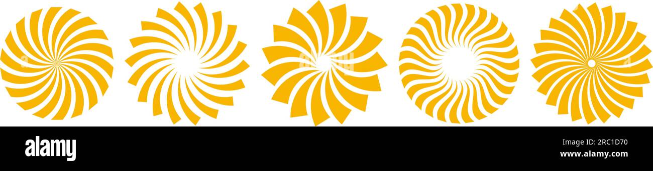 Golden Curled Sunburst Kollektion. Stilisierte radiale rotierende Elemente. Gelbes geometrisches Rundstrahl, Balken oder Sternenpaket. Vektorkreise Konzeptsymbole für Banner, Abzeichen, Aufkleber, Poster Stock Vektor