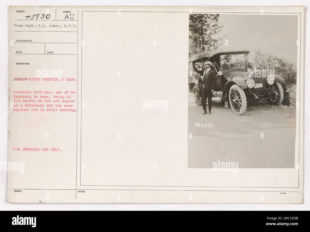 Das Bild zeigt Surendrs Nath Kar, einen der Angeklagten im deutsch-hinduistischen Verschwörungsfall im Ersten Weltkrieg. Aufgrund seines schlechten Gesundheitszustands erschien er jedoch nicht als Angeklagter vor Gericht, und das Verfahren gegen ihn ist noch nicht abgeschlossen. Dieses Foto ist nur für den offiziellen Gebrauch bestimmt. Stockfoto