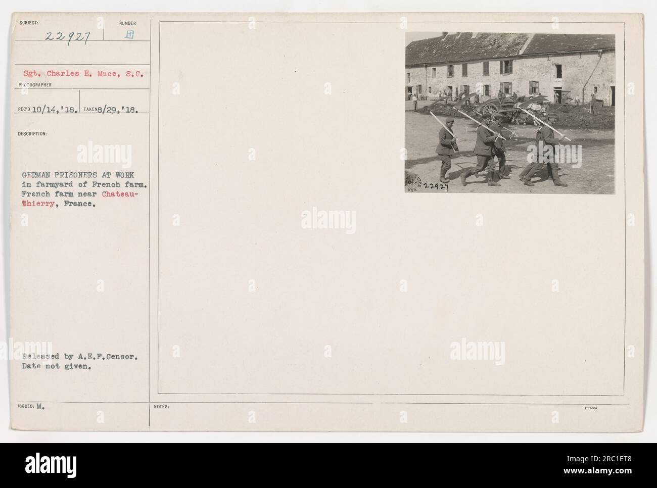 Deutsche Kriegsgefangene arbeiten auf dem Hof eines französischen Bauernhofs bei Chateau-Thierry, Frankreich. Auf dem Foto, das am 29. August 1918 aufgenommen wurde, ist Sergeant Charles E. Mace zu sehen, der die Häftlinge überwacht, während sie landwirtschaftliche Aufgaben ausführen. Die Echtheit des Bildes wurde von der A.E.P. überprüft Das genaue Veröffentlichungsdatum ist jedoch nicht bekannt. Foto-Nr. 111-SC-22927 in der Kollektion. Stockfoto