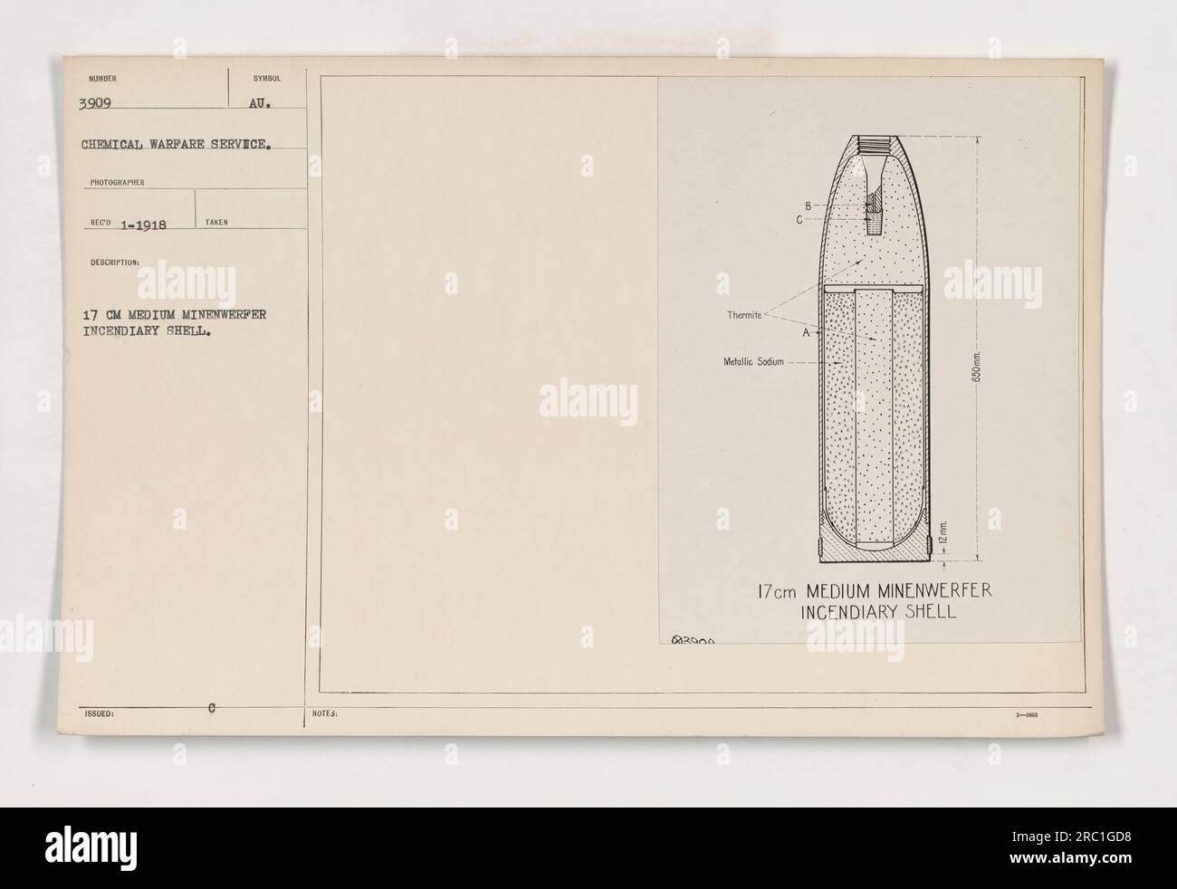 Soldaten des Chemiekriegsdienstes werden dabei gesehen, wie sie eine 17cm-ml-Minenwerfer-Brandbombe handhaben. Das Foto wurde im Januar 1918 aufgenommen, und die Hülle enthält 0,02 % Thermit-Metall-saum. Stockfoto