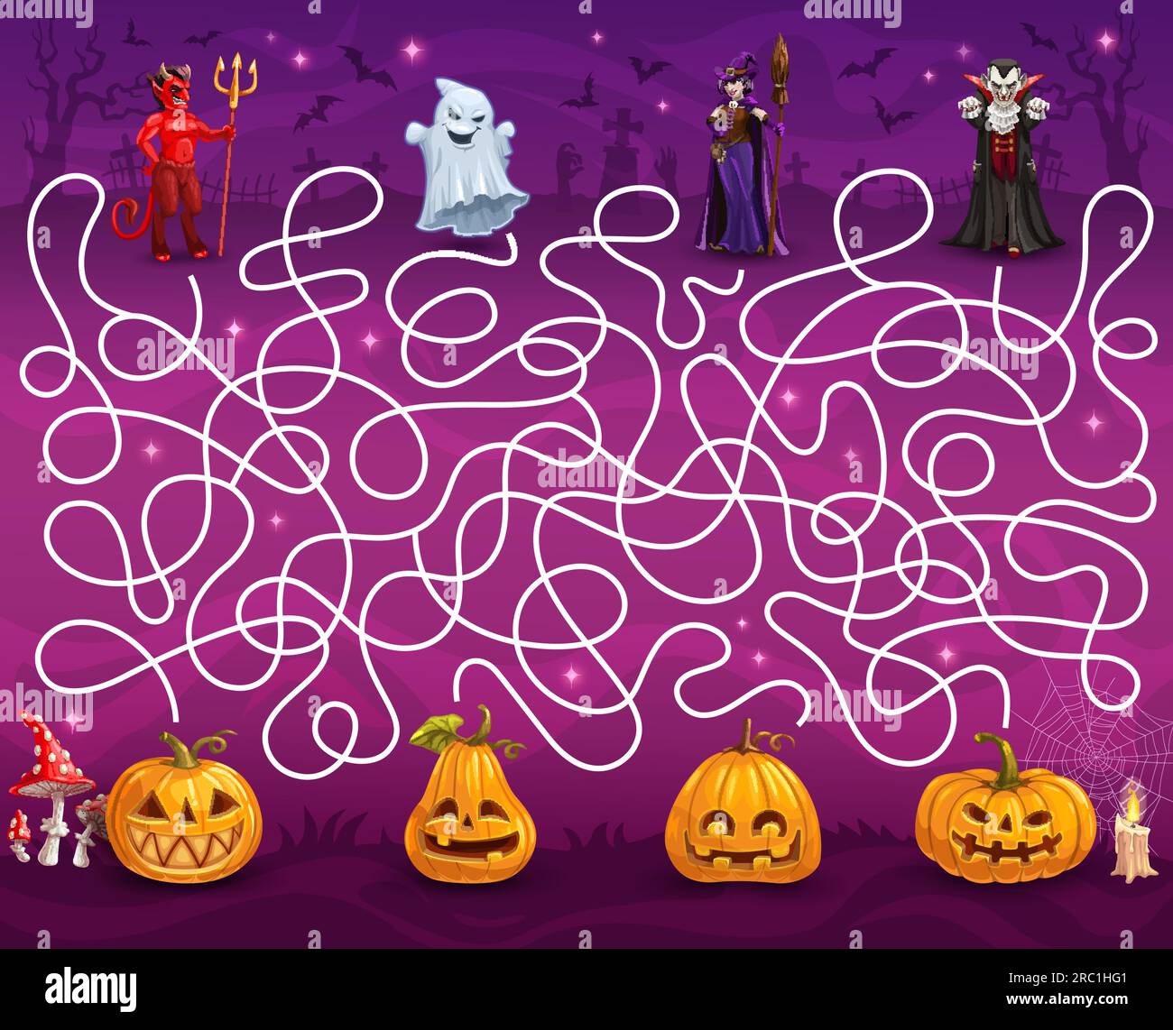 Halloween-Labyrinth-Labyrinth-Spiel. Hilf unheimlichen Figuren, Kürbisse zu finden. Vektorspiel-Arbeitsblatt für Kinder mit Cartoon-Teufel, Geist, Hexe und Vampir auf dem Friedhof mit Jack-Laternen, Kinderrätsel Stock Vektor