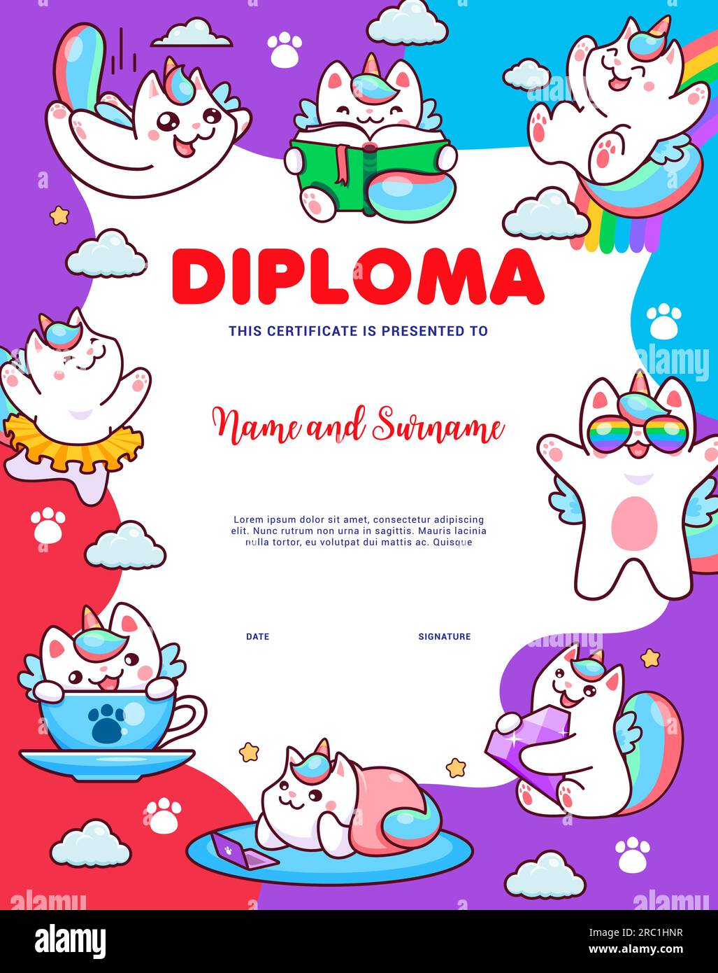 Kinderdiplom mit süßen Cartoon-Caticorn-Katzen und Kätzchen-Charakteren, Vektorausbildungsnachweis. Fröhliche Katzeneinhörner in Regenbogensonnenbrille oder Caticorn-Ballerina in Schule oder Kindergartendiplom Stock Vektor