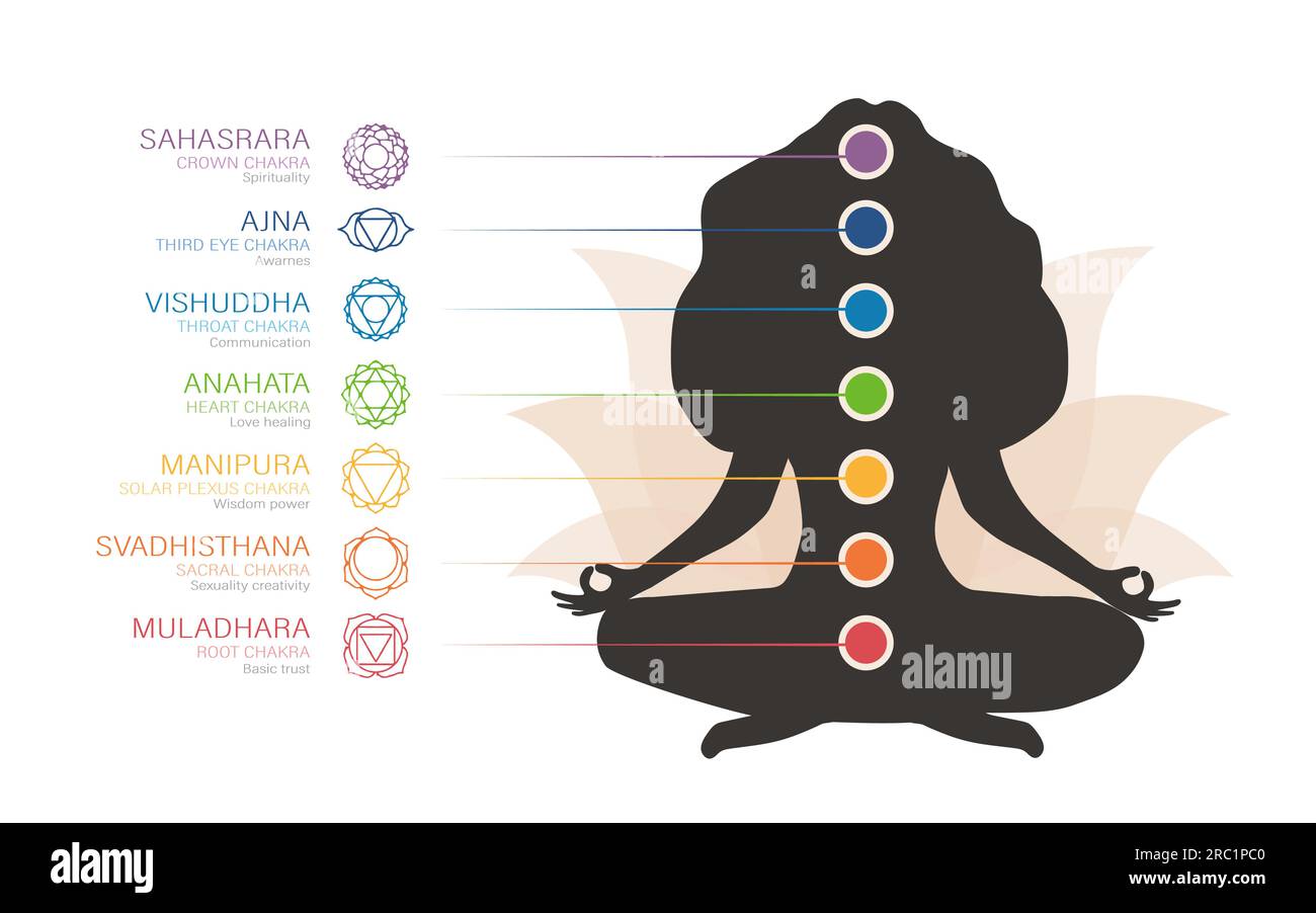 Farbenfrohes 7-Chakras-System. Weibliche Silhouette meditiert und verbindet ihre Chakren. Infografik mit Energiezentren. Ayurveda, Buddhismus und Stock Vektor