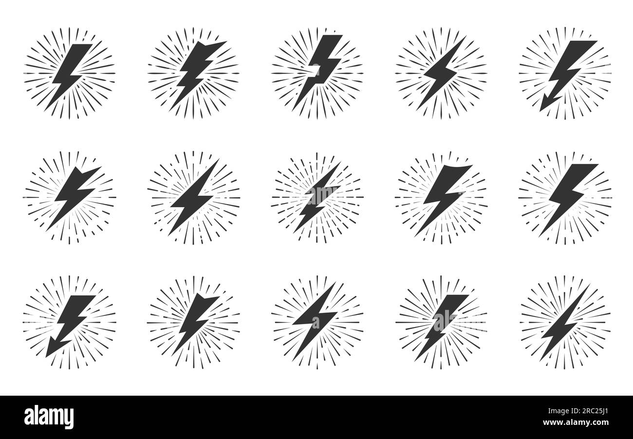Blitzlicht mit Sonnenschein-Effekt. Thunderbolt mit klassischen kreisförmigen Sonnenstrahlen. Gefahrensymbol für Energie. Donner trifft radiale Sonnenuntergangsstrahlen und Donner trifft Zickzack-Pfeil. Feuerwerkexplosion Stock Vektor
