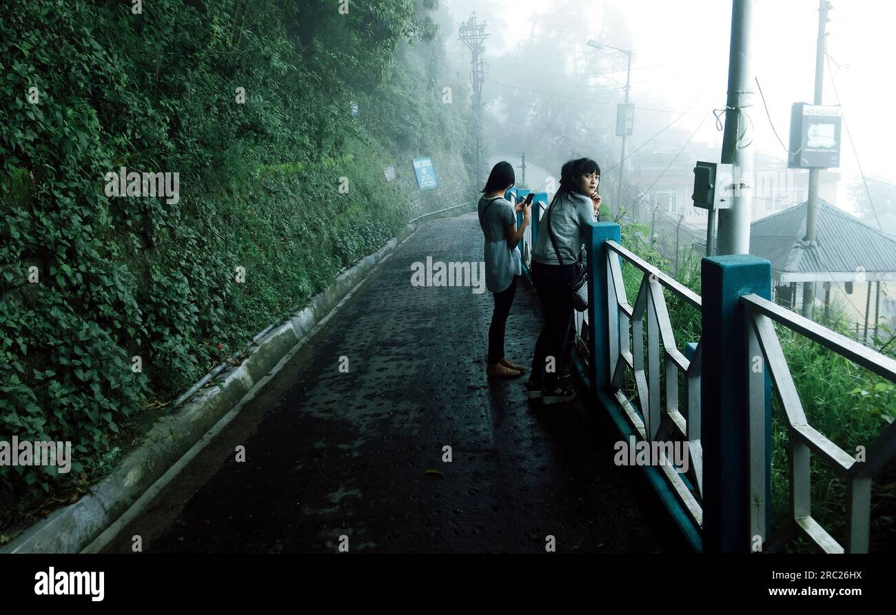 Eine Gruppe von Mädchen, die Selfies auf einer nebelbedeckten Straße von Darjeeling machen. Indien. Stockfoto