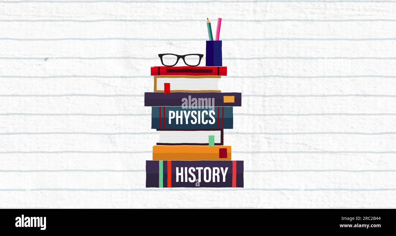 Abbildung: Stifthalter und Brille über einem Stapel Bücher auf weißem Papierhintergrund Stockfoto