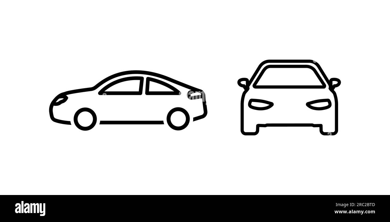 Fahrzeugsymbole eingestellt. Satz verschiedener Fahrzeuge, Umrisssymbol für Vorder- und Seitenansicht.Fahrzeugsymbole Linienart. Stock Vektor