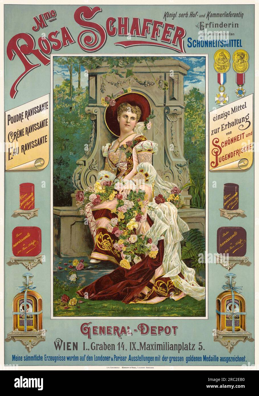 Madame Rose Schaffer. Erfinderin der weltberühmten Schönheitsmittel. Künstler unbekannt. Poster in den 1890er Jahren in Osterreich veröffentlicht. Stockfoto