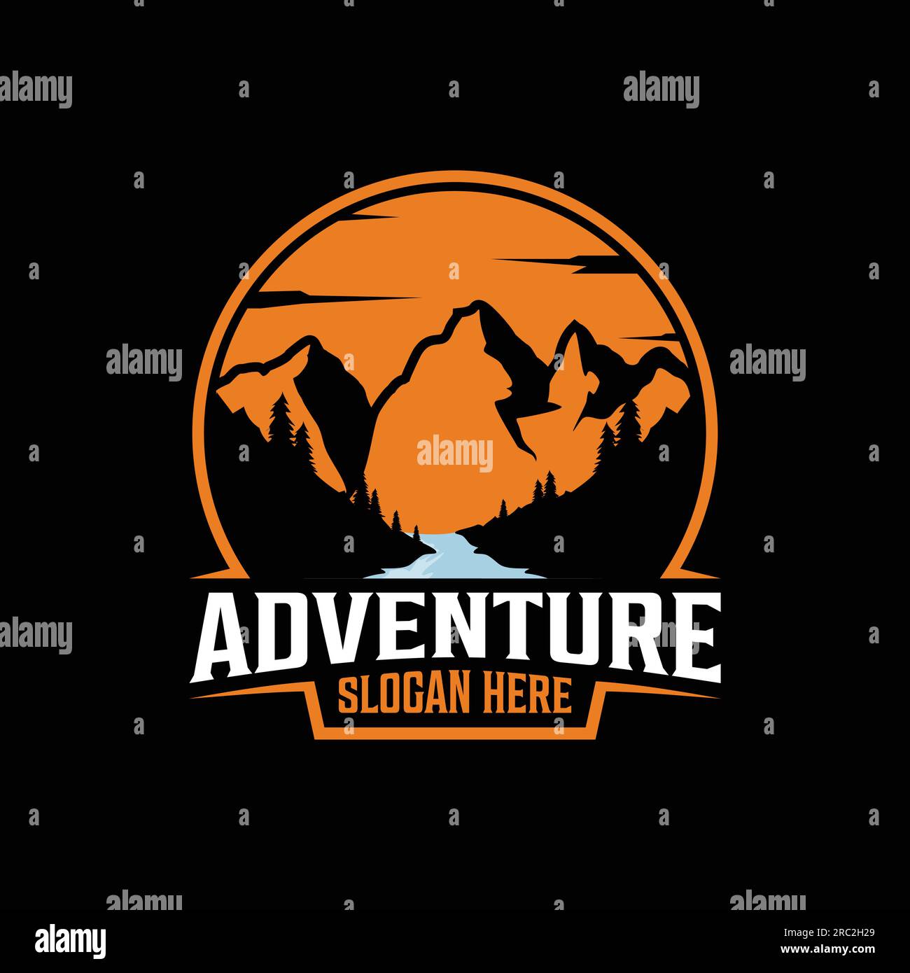 Outdoor-Emblem mit Berglogo und Buchstaben „Adventure“. Vektordarstellung Stock Vektor