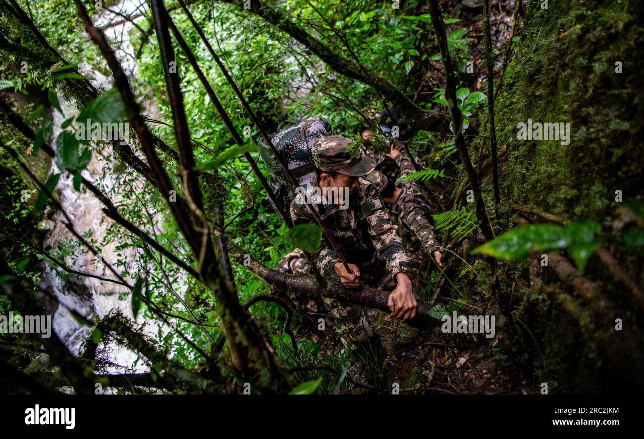 (230712) -- LUSHUI, 12. Juli 2023 (Xinhua) -- Ranger rutschen mit Hilfe von Zweigen während einer Patrouille im Gaoligongshan National Naturschutzgebiet in der Provinz Yunnan im Südwesten Chinas, 8. Juli 2023. Die Gaoligongshan-Berge, in denen etwa 17 Prozent der höheren Pflanzenarten Chinas, 30 Prozent der Säugetierarten und über 35 Prozent der Vogelarten vorkommen, sind ein wichtiges Beispiel für den Schutz der biologischen Vielfalt des Landes. Im Jahr 2011 wurde hier auch der Goldene Affe Nujiang, die fünfte goldene Affen-Art der Welt, gefunden. HE Guipin, ein Ranger der Lushui-Zweigstelle der Gaoligongshan Stockfoto