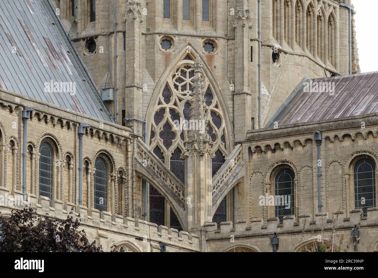 Details zu Teilen des Äußeren der Ely Cathedral, Cambridgeshire, Großbritannien Stockfoto