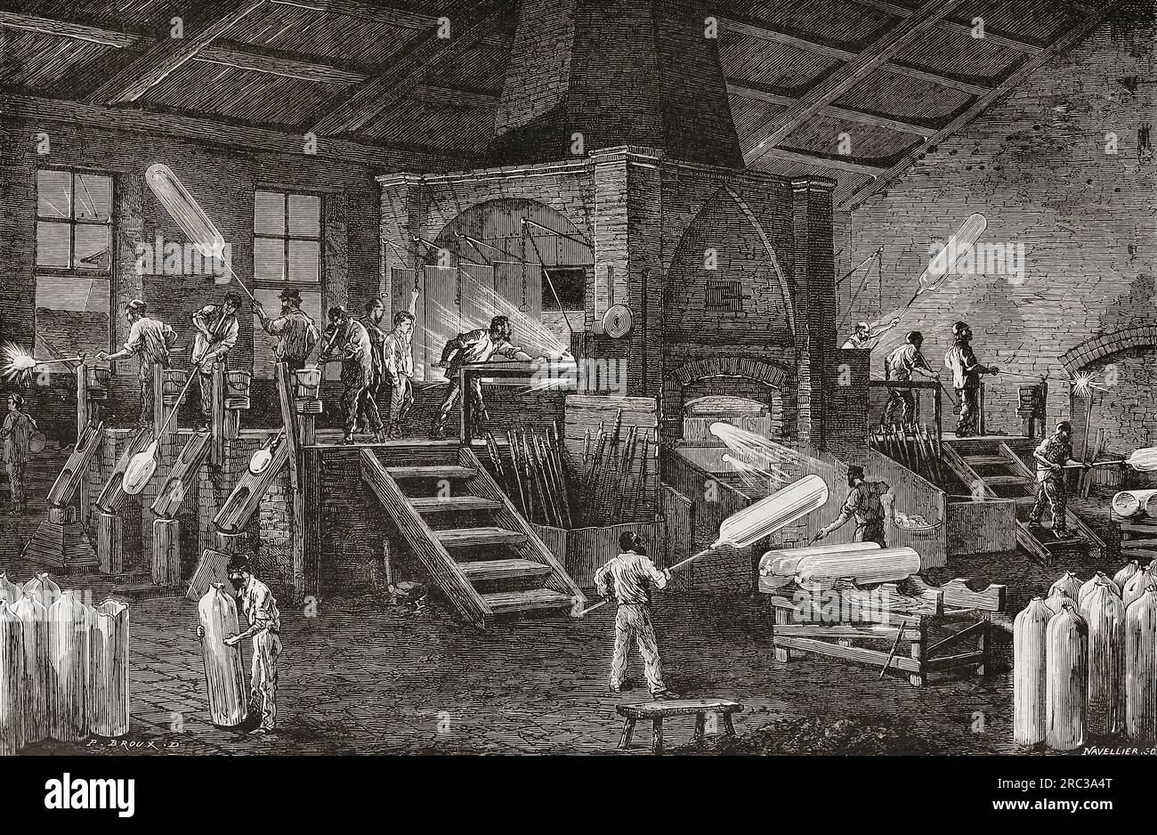 Glasfabrik aus dem 19. Jahrhundert, die Glaszylinder herstellt. Nach einer Illustration in Les merveilles de l'Industrie von Louis Figuier, veröffentlicht 1877. Stockfoto