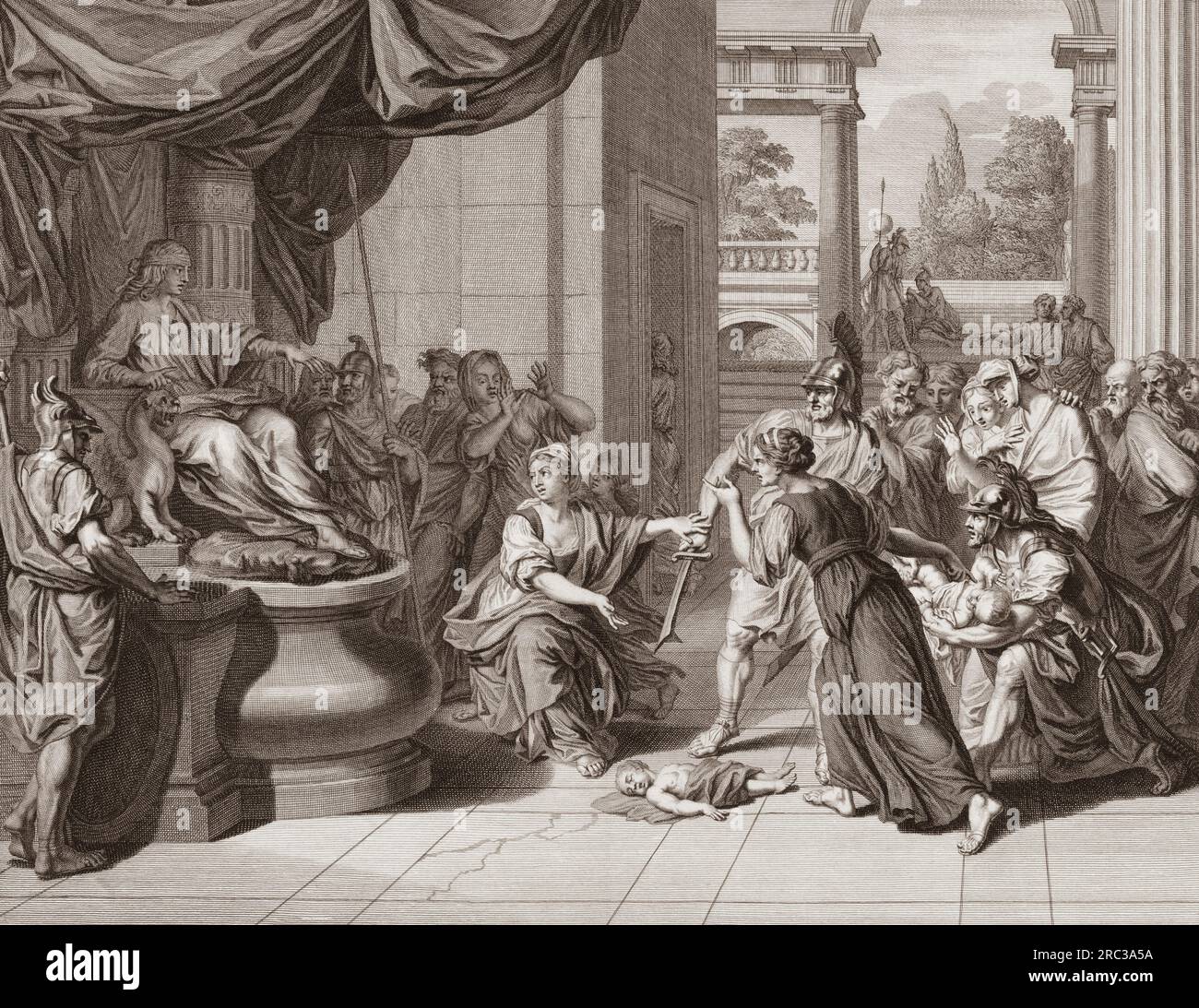Das Urteil Salomons. Das Bild zeigt die Geschichte, die in I Kings 3:16-28, im Alten Testament der Heiligen Bibel, erzählt wurde. Nach einem Aufdruck aus dem 18. Jahrhundert. Stockfoto