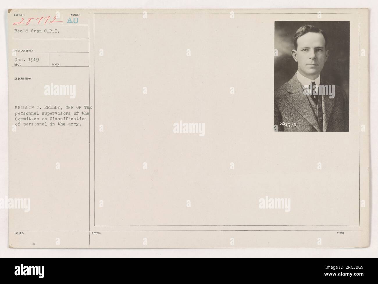 Porträt von Phillip J. Reilly, einem Personalaufseher des Komitees für die Einteilung des Personals in die Armee. Das Bild wurde im Januar 1919 während des 1. Weltkriegs aufgenommen Stockfoto