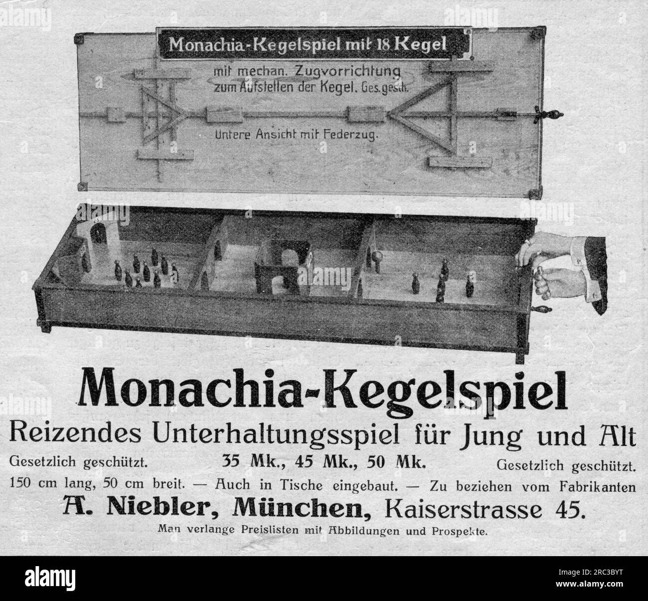 Werbung, Monachia skittles, A. Niebler, München, Werbung, 'Zeit im Bild', 1913, ADDITIONAL-RIGHTS-CLEARANCE-INFO-NOT-AVAILABLE Stockfoto