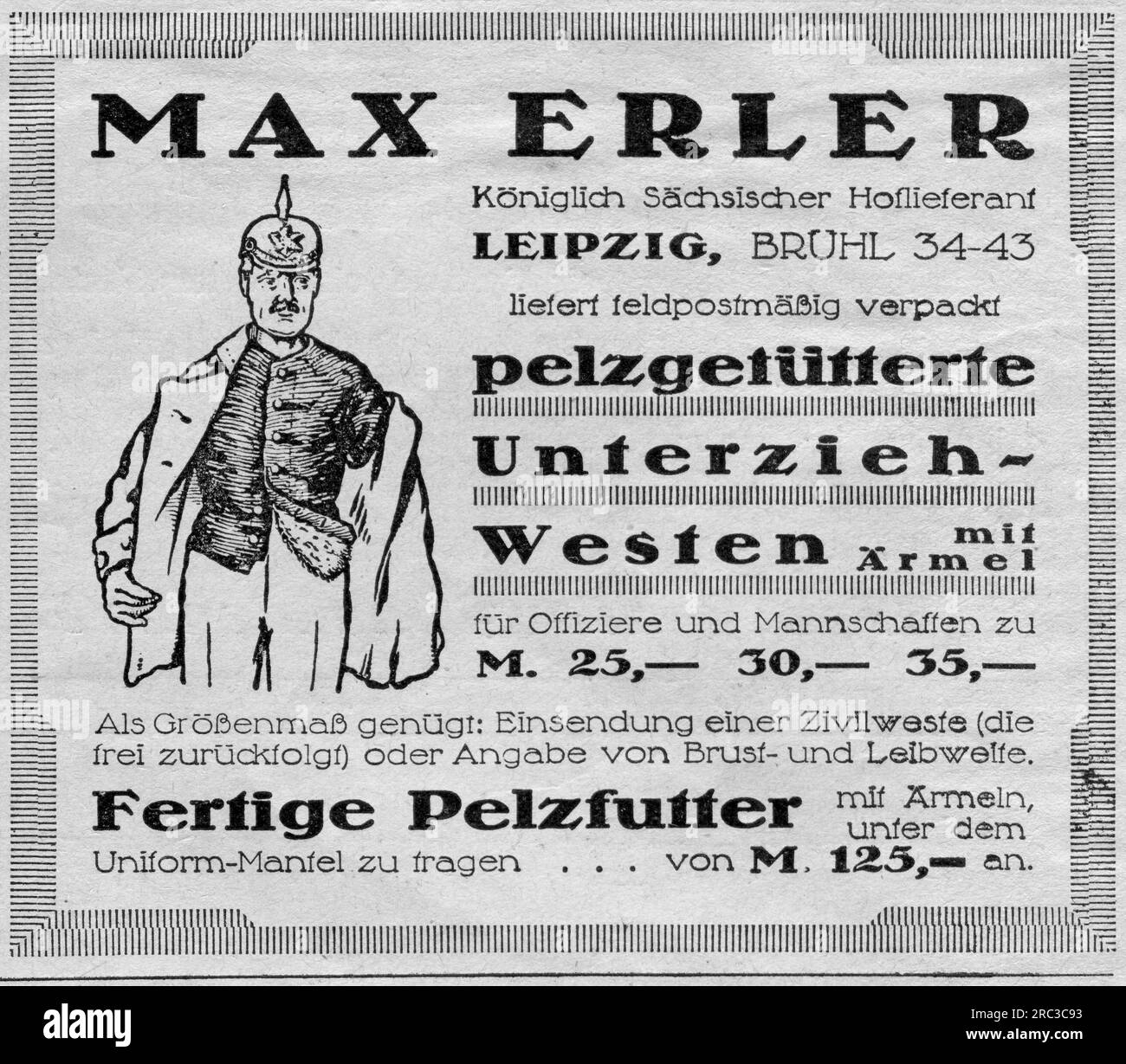 Werbung, mit Pelz gefüttert unter der Weste, Max Erler, königlich-sächsischer Haftbefehl, Leipzig, ZUSÄTZLICHE-RECHTE-FREIGABE-INFO-NICHT-VERFÜGBAR Stockfoto