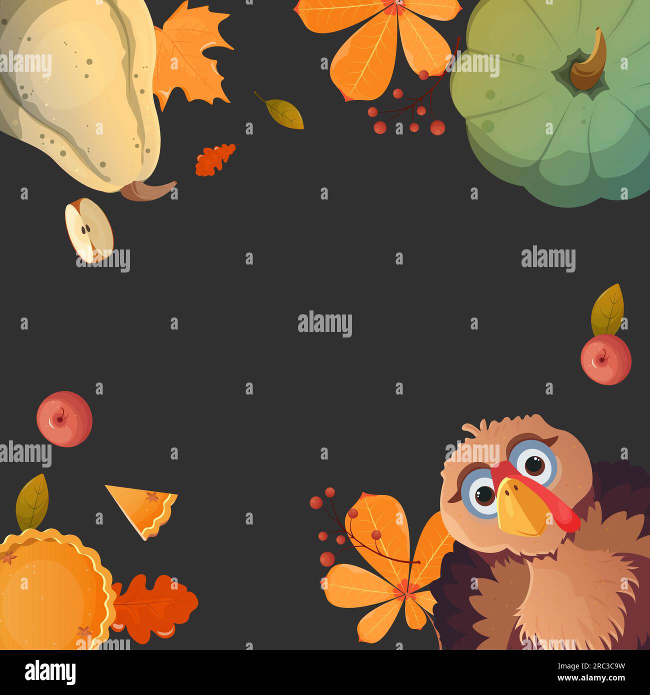 Herbstblätter und Kürbisse mit Hintergrundtext. Ahornholz-Orangenblätter mit Blumenmuster der Saison und Kürbissen für Thanksgiving, truthahn Stock Vektor
