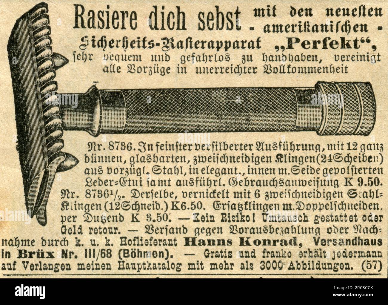 Werbung, amerikanischer Sicherheitsrasierer "Perfekt", "Shave yourself", Versandhaus Hanns Konrad, ZUSÄTZLICHE-RECHTE-FREIGABE-INFO-NICHT-VERFÜGBAR Stockfoto
