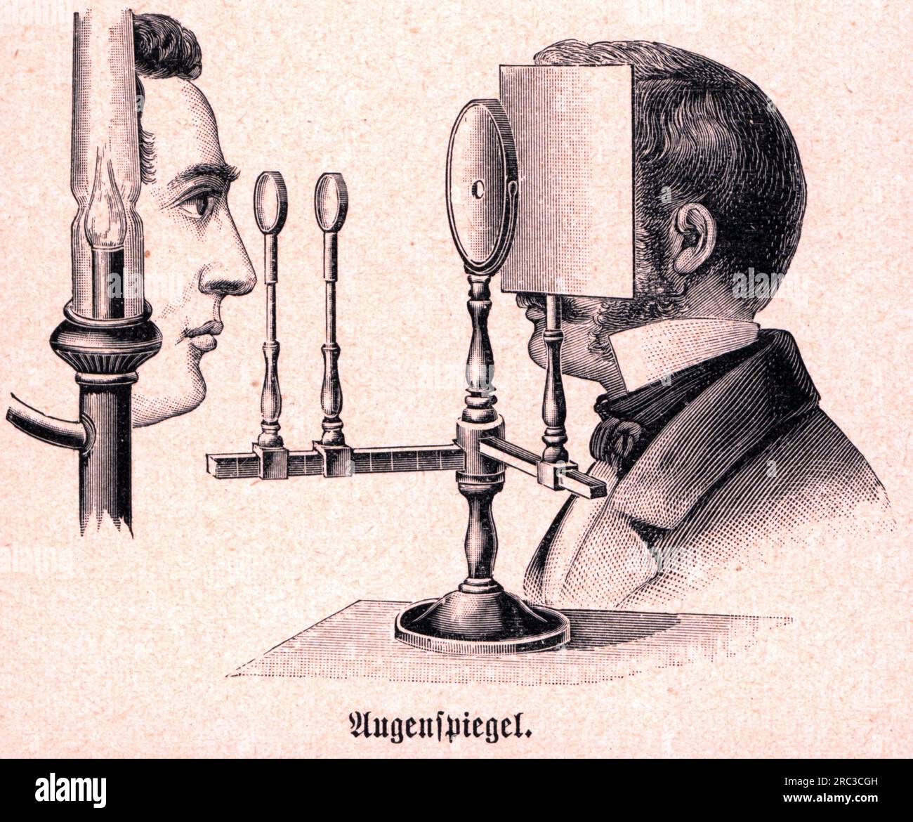 Medizin, Augenheilkunde, Ophthalmoskop, nach Hermann von Helmholtz, 1850 / 1851, Holzgravierung, URHEBERRECHT DES KÜNSTLERS MUSS NICHT GEKLÄRT WERDEN Stockfoto