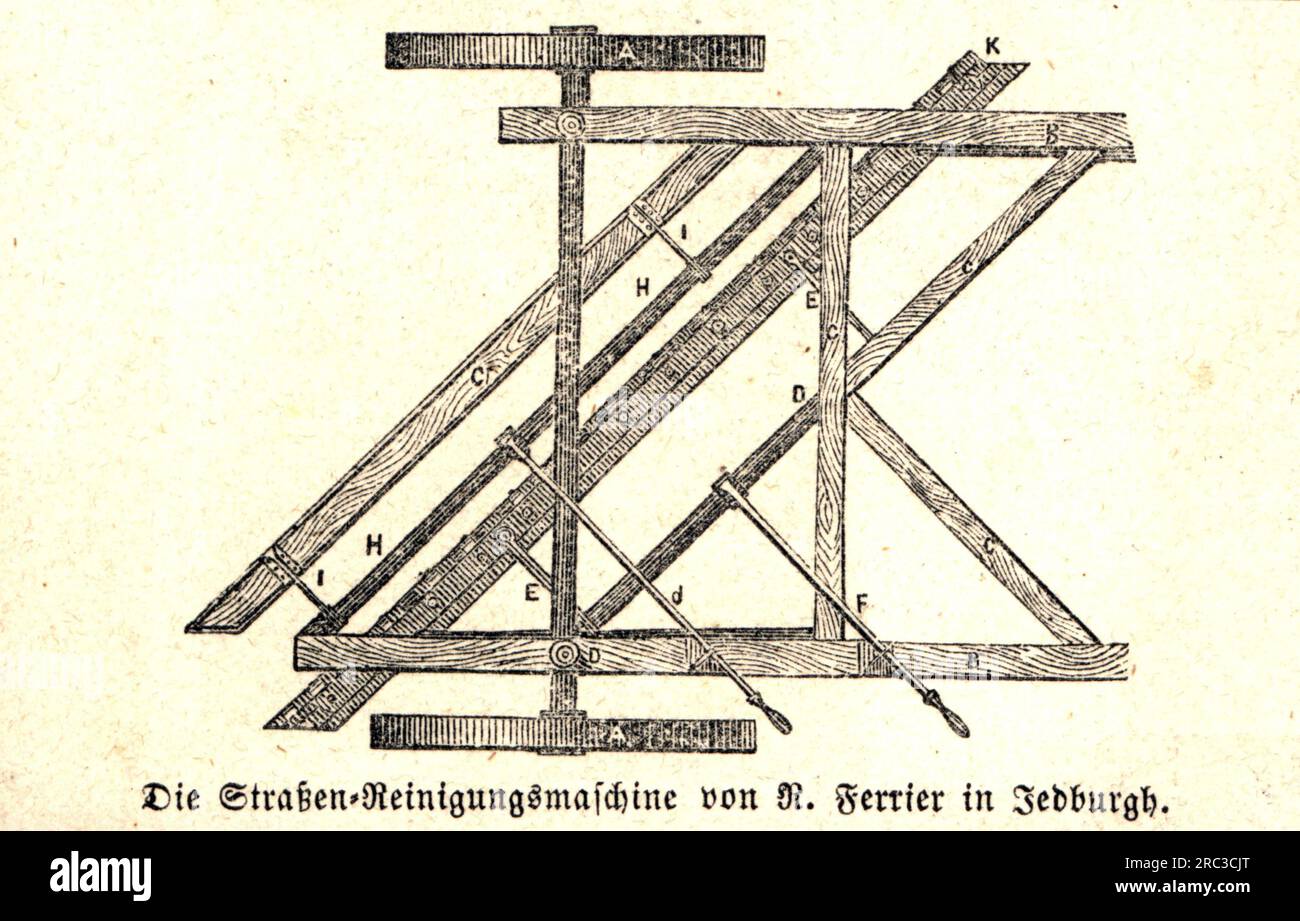 Technik, Maschinen, Kehrmaschine von R. Ferrier, Jedburgh, Schottland, Schema, Holzgravierung, 1857, DAS URHEBERRECHT DES KÜNSTLERS MUSS NICHT GELÖSCHT WERDEN Stockfoto