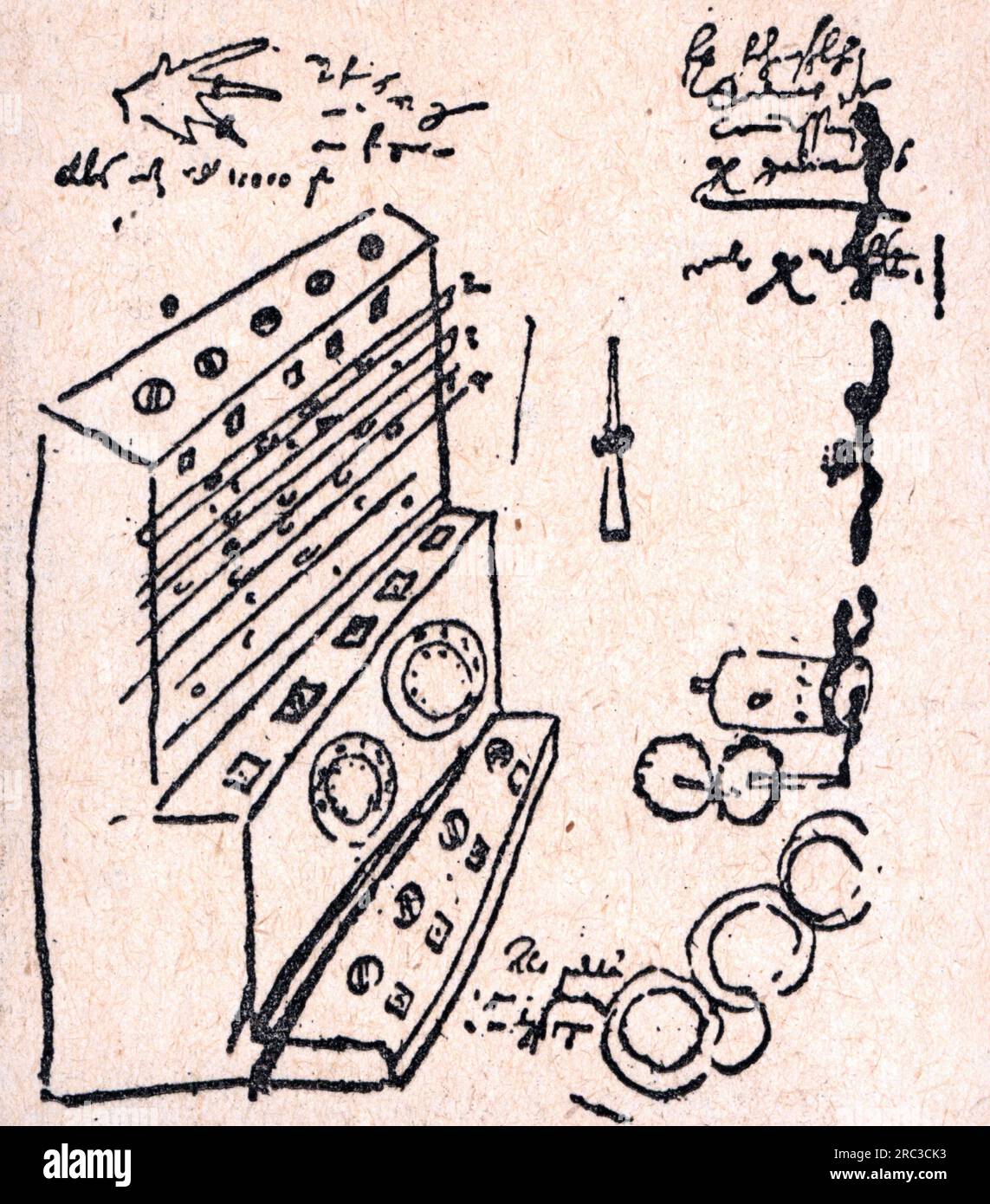 Wissenschaft, Mathematik, Rechenmaschine von Wilhelm Schickard, nach dem Originalentwurf, Tuebingen, 1623, ZUSÄTZLICHE-RECHTE-FREIGABE-INFO-NICHT-VERFÜGBAR Stockfoto