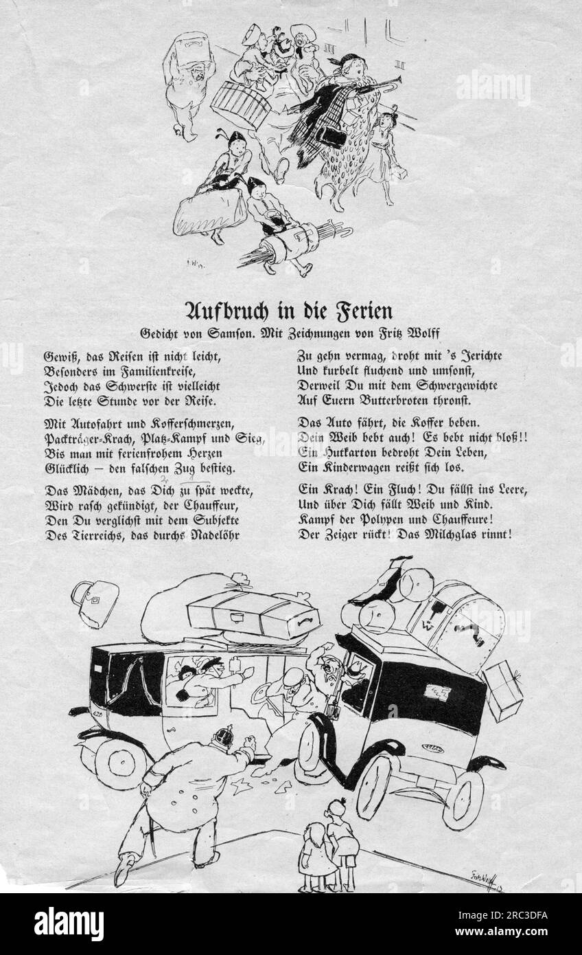 Tourismus, Humor, Urlaubsbeginn, Gedicht von Samson, Zeichnung, Von Fritz Wolff (1876 - 1940), 1913, DAS URHEBERRECHT DES KÜNSTLERS MUSS NICHT FREIGEGEBEN WERDEN Stockfoto