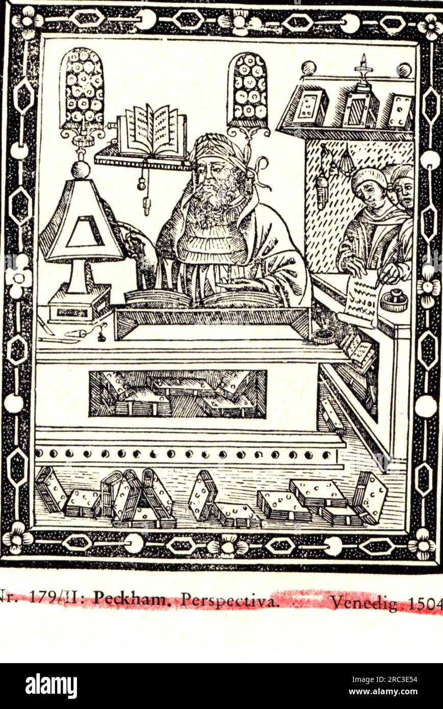 Wissenschaft, Wissenschaftler, ein Gelehrter in der Studie, Woodcut, John Peckham: "Perspectiva communis", circa 1278, ADDITIONAL-RIGHTS-CLEARANCE-INFO-NOT-AVAILABLE Stockfoto