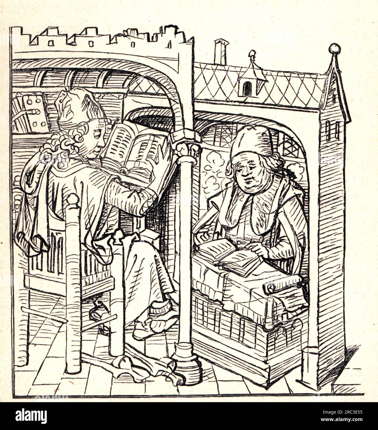 Wissenschaft, Wissenschaftler, Wissenschaftler am Rednerpult, Holzschnitt, 15. Jahrhundert, ZUSÄTZLICHE-RECHTE-FREIGABE-INFO-NICHT-VERFÜGBAR Stockfoto
