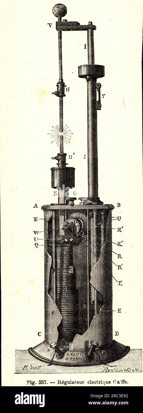 Technik, Elektrotechnik, elektrischer Regulator von Ladislas Adolphe Gaiffe, Holzgravierung, URHEBERRECHT DES KÜNSTLERS MUSS NICHT GEKLÄRT WERDEN Stockfoto