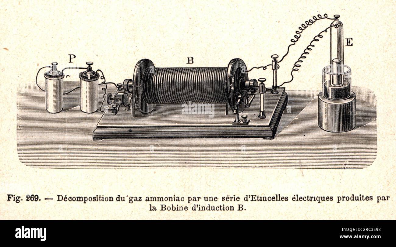 Technik, Elektrotechnik, Induktionsspule, spektrale Zersetzung von Ammoniak, Holzgravierung, URHEBERRECHT DES KÜNSTLERS MUSS NICHT GEKLÄRT WERDEN Stockfoto